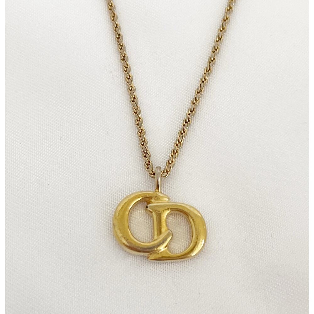 CHRISTIAN DIOR Logo Vintage Necklace Pendant Rope Chain Gold Tone Circa 80s 90s